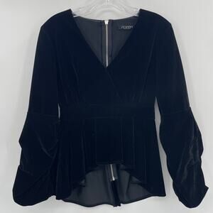 JEUVRE Velvet Velour Blouse Womens Size S High Low Gathered Sleeves Goth Black